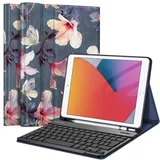 Fintie Tastatur Hülle für iPad 10.2 Zoll (9/8/ 7 Generation - 2021/2020/2019), Schutzhülle mit TPU Rückschale, Pencil Halter und magnetisch Abnehmbarer Tastatur mit QWERTZ Layout, Hibiskus