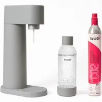 Mysoda: Woody Set - Wassersprudler aus erneuerbarem Holzkomposit mit 1L Quick-Lock BPA-freier Plastikflasche und CO2-Zylinder - Grau