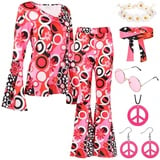 60er 70er Jahre Fasching Damen Hippie Kostüm Kleidung & 70er Jahre Verkleidung Frauen Disco Schlaghose mit Hippie Zubehör 1970er 1960er Hippie Verkleidung für Frauen 70 Stil Damen Fasching Outfit