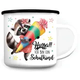 Wandtattoo Loft Kindertasse mit Namen und Waschbär Motiv, Emaille Tasse Kinder mit Namen, Tasse Kinder, Kindertasse personalisiert, Trinkbecher Kinder, Schulkind Tasse mit Namen, Camping Tasse Kinder