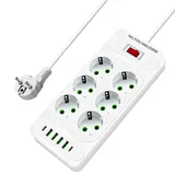 Mehrfachsteckdose mit USB, Steckdosenleiste 6-Fach mit Schalter, 2500W Steckerleiste, 6-Fach Steckdosen, 4 USB Anschluss, 2 Typ C, Überspannungsschutz, Wandmontage, mit 2M Verlängerungskabel