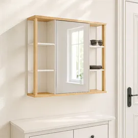 Relaxdays Spiegelschrank, 6 Ablagen, 2 Innenfächer, HxBxT: 64 x 62 x 21 cm, Wandmontage, Bad Hängeschrank, weiß/Natur
