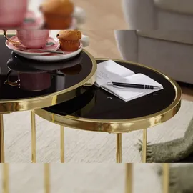 FineBuy Satztisch COMO schwarz/Gold Beistelltisch Metall/Glas Couchtisch 2er Set