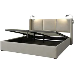 Merax Polsterbett Doppelbett Stauraum Bettkasten Leselicht mit USB Ladefunktion Kopfteil, Leinen 160x200 (Ohne Matratze) Beige