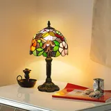 Mengjay Tischlampe Vintage,Tiffany Tischlampe mit Glasmalerei Lampenschirm,E27 Fassung,Retro Industrial Nachttischlampe,Jugendstil Tischleuchte für Schlafzimmer, Wohnzimmer, Büro (A)