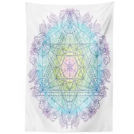 ABAKUHAUS Ethnisch Wandteppich und Tagesdecke, Metatron Würfel auf einem Mandala aus Weiches Mikrofaser Stoff Waschbar ohne Verblassen Digitaldruck, 140 x 230 cm, Weiß Lila