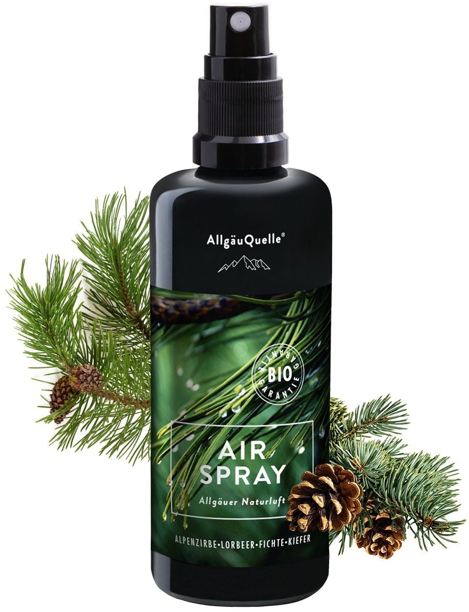 Allgäuquelle Bio Raumspray Lufterfrischer Duftspray Airspray Alpenzirbe, Lorbeer, Fichte und Kiefer Spray 100 ml