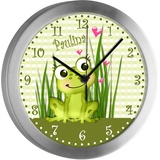 CreaDesign Kinder Funkwanduhr mit (Wunsch) Namen | Kinderzimmer Funkuhr| mit Analog ? Ziffernblatt | geräuscharm | Wanduhr Kind | Motiv Frosch-Graß-Karo