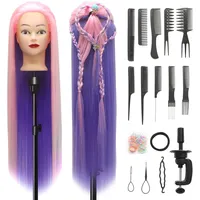 Trainingsköpfe, 28 inch Frisierkopf 100% Synthetikfaser-Haar Übungskopf, Frisurenkopf Ausbildung Kopf Mit Halter + DIY Haar Styling Braid Set (Rosa Blau)