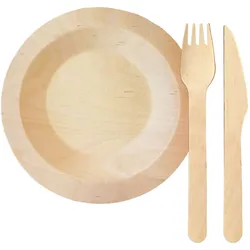 WISEFOOD 25 Stück - Birkenholz Geschirrset (Teller, Messer und Gabel) - rund Ø 23cm