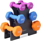 Amazon Basics Hantel-Set mit Neoprenbeschichtung, mit Hantelständer, 3 Stück (1 kg, 2 kg, 3 kg), Mehrfarbig