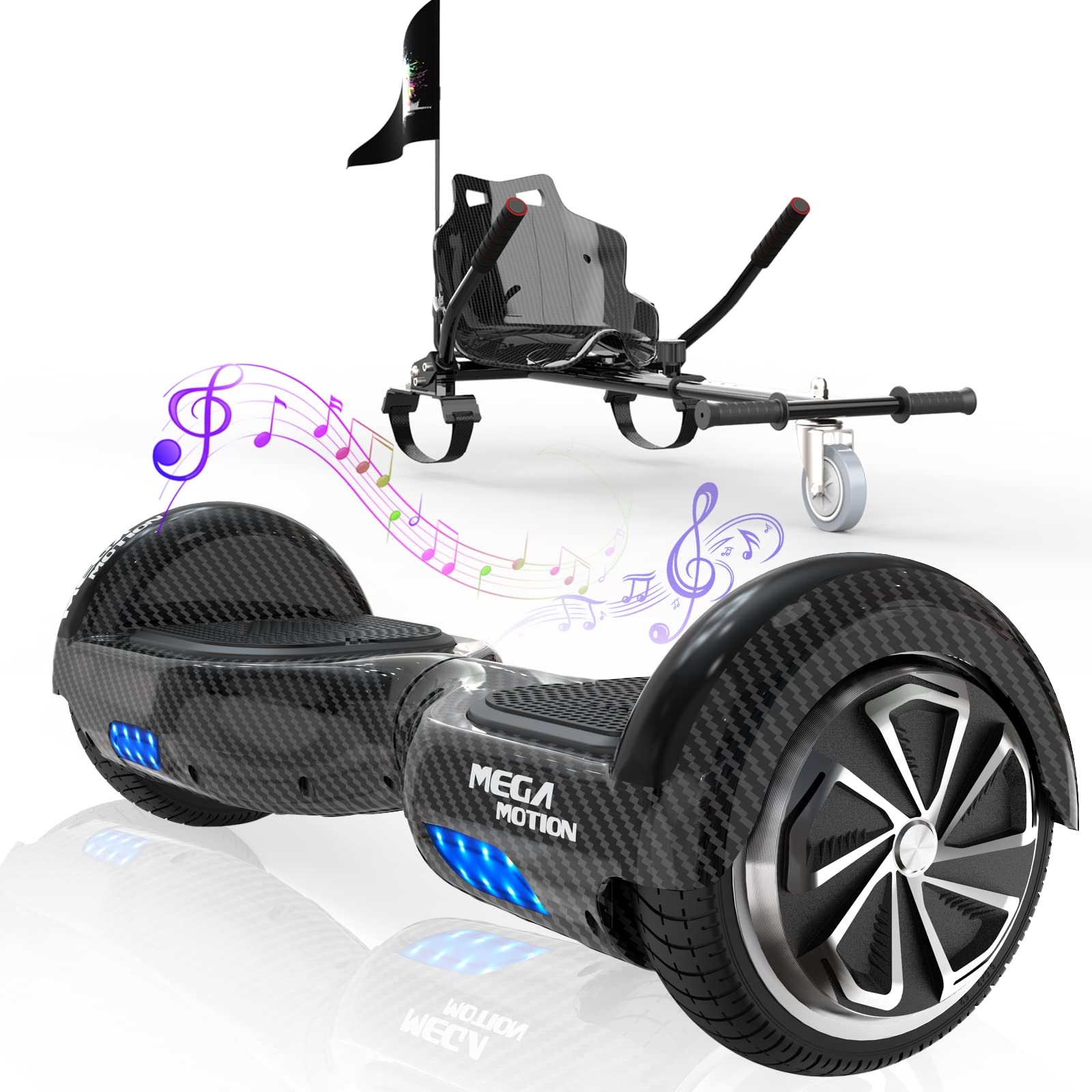 MEGA MOTION Hoverboards mit Go-Kart, Self Balance Hoverboards 16,5 cm mit Hoverkart für Kinder, mit Bluetooth-Lautsprecher und LED-Lichtern, Geschenk für Kinder