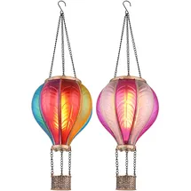 GLOBO Solarlampe Hängeleuchte Außenlampe Heißluftballon Feuereffekt Gartendeko Balkonlampe, pink bunt, 20x 0,5W 1600K warmweiß, DxH 14 x 46,5 cm, 2er Set