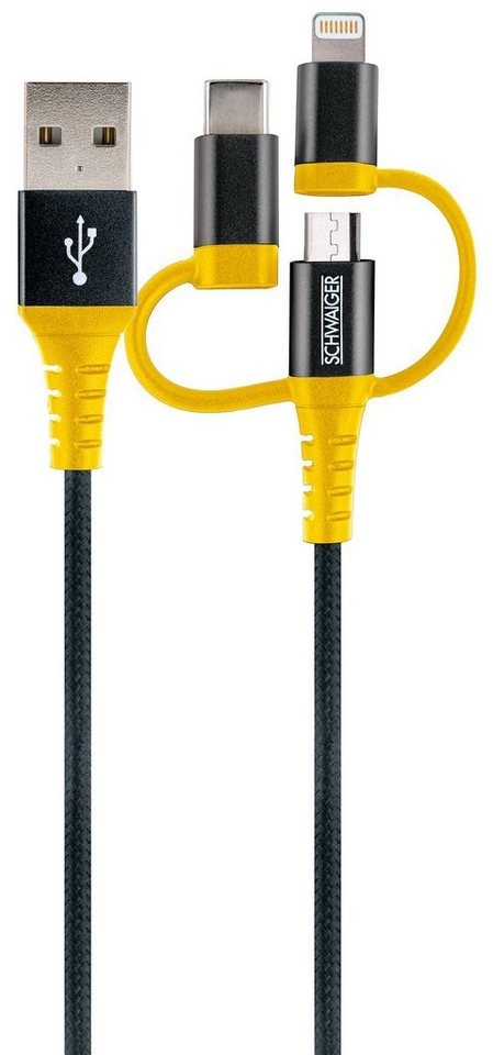 Schwaiger WKUU310 511 Smartphone-Kabel, USB 2.0 A Stecker, USB Micro B Stecker, Apple® Lightning Adapter, USB 3.1 C Adapter, (120 cm), extrem Reißfest schwarz