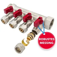 Belrad Verteiler mit 4 Abgängen Kugelhahn Rot 1" AG - 1" IG 165x85x50mm