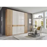 Drehtürenschrank WIEMANN "Cardiff, Massivholztüren in Kombination mit Glas- oder Spiegeltüren", weiß (glas weiß), B:246,3cm H:236cm T:58cm, Floatglas, Holzwerkstoff, Hartfaserplatte, Massivholz, Schränke, hochwertiges Design in langlebiger Qualität, viel Stauraum