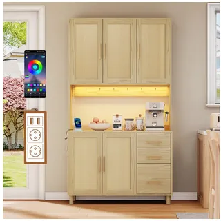 Flieks Küchenbuffet mit LED-Beleuchtung, Steckdosen und Haken (Buffet mit Rattantüren und Schubladen, 1-St., B100/T40/H183 cm) Hochschrank Küchenschrank Geschirrschrank mit verstellbare Ablagen beige
