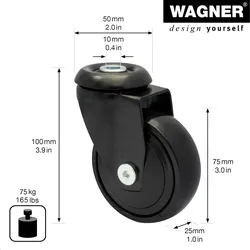 WAGNER 360° - 3C Lenkrolle, schwarz, soft, Rückenloch für TENO Möbelbeine System, Ø 75 mm, Tragkraft 75 kg - 01127701