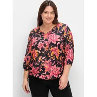 sheego SHEEGO, Damen, Gr. 48, schwarz (schwarz, gemustert), 100% Viskose, geblümt, gemustert, mehrfarbig, V-Ausschnitt, Blusen Longbluse