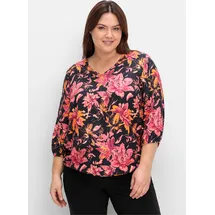 sheego SHEEGO, Damen, Gr. 48, schwarz (schwarz, gemustert), 100% Viskose, geblümt, gemustert, mehrfarbig, V-Ausschnitt, Blusen Longbluse