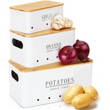 Otauoaea Kartoffel Aufbewahrungsbox - Vorratsdose 3er Set - Kartoffeln, Zwiebeln und Knoblauch Aufbewahrung - Hält Gemüse Länger Frisch - Kartoffeltopf Zwiebeltopf und Knoblauchtopf - Weiß