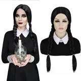 Schwarze Perücke für Wednesday Addams Perücke Kostüm Lange Geflochtene Perücken für Wednesday Addams Kostüm Schwarze Perücken für Fasching Karneval Kostüm DE105BK