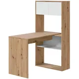 Dmora Schreibtisch Dmangn, Umkehrbarer Eckschreibtisch mit Bücherregal, Arbeits- oder Bürotisch mit mehreren Positionen, 108x70h140 cm, Weiße und Eichenäste