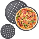 Relaxdays Pizzablech, 3er Set, rund, gelocht, Knusperblech, ∅ 32 cm, antihaft, Pizza & Flammkuchen, aus Stahl, anthrazit