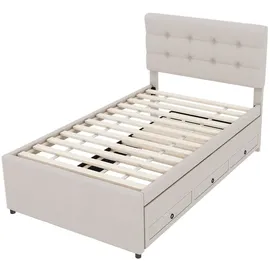 XDOVET Polsterbett, 90x200cm(90x190cm),Familienbett, Bett mit drei Schubladen, Ausziehbares Rollbett, Verstellbares Kopfteil