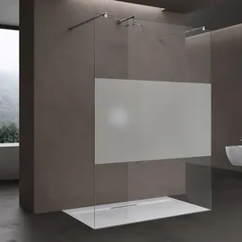 doporro Duschwand Duschtrennwand 130x200 Walk-In Dusche mit Doppel-Stabilisator aus Echtglas 8mm ESG-Sicherheitsglas Milchglas-Streifen - Transparent/milchig