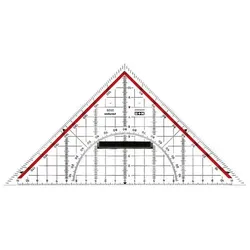 Zeichendreieck 22 cm glasklar, Skala rot hinterlegt, 180° - 1°, 45°-Linie, markierte Winkel 7°, 42°, 75°