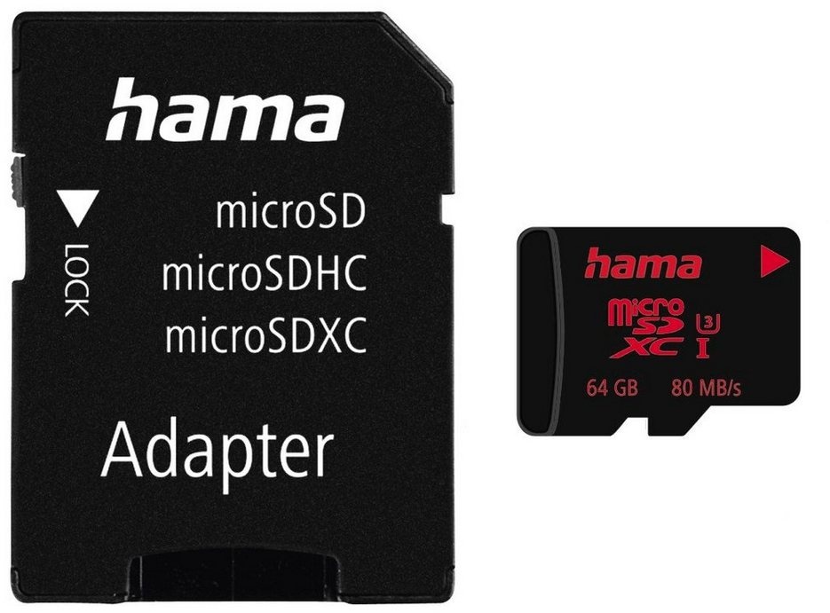 Hama microSDXC, Memory Pro 4K, Adapter/Foto Speicherkarte (64 GB, Video Speed Class 30 (V30)/UHS Speed Class 3 (U3), 80 MB/s Lesegeschwindigkeit) schwarz