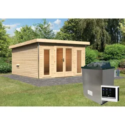Karibu Aktionsangebot (inkl. 100 Euro Zubehör): Holz Gartensauna / Saunahaus "Mainburg 3",naturbelassen,369 x 369 x 229 cm (B x T x H), 3 Bänke
