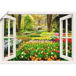 Wandbild ARTLAND "Fensterblick Tulpen Garten Frühling", bunt (farbe bild(er): bunt), B:70cm H:50cm, Bilder, als Alubild, Outdoorbild, Leinwandbild, Poster, Wandaufkleber