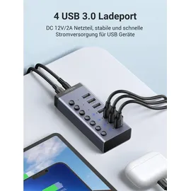 UGREEN USB-C auf 7-Port USB-A 3.0 Hub DC 12v Grau