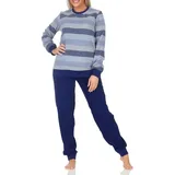 Normann Pyjama Damen Frottee Schlafanzug mit Bündchen in elegantem Streifendesign blau 60-62