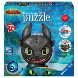 Ravensburger 3D Puzzle 11145 - Puzzle-Ball Dragons 3 Ohnezahn mit Ohren- 72 Teile - Puzzle-Ball für Fans von Dragons ab 6 Jahren