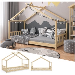 VitaliSpa Design Kinderbett Hausbett Natur Kinderhaus Holzbett 90x200 Massivholz