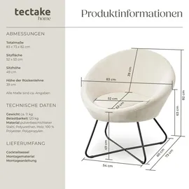 Tectake tectake® Cocktailsessel, gepolstert, mit Bouclé- oder Samtbezug, pulverbeschichtetes Stahlgestell, 83 x 73 x 82 cm