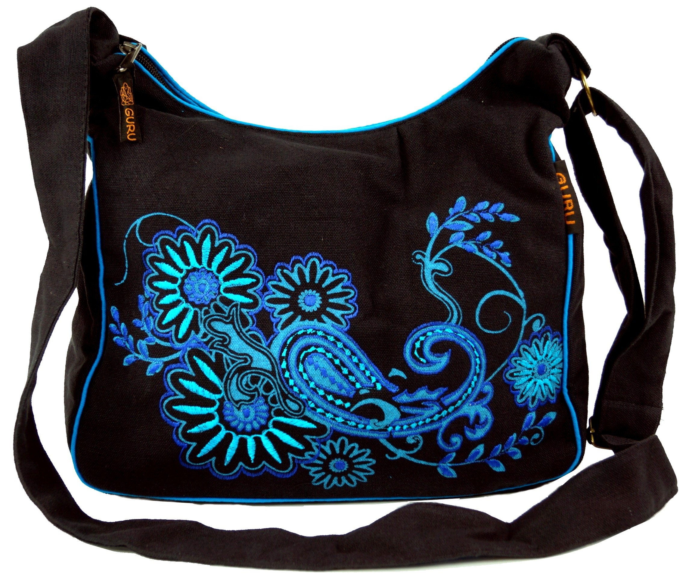 GURU SHOP Schultertasche, Hippie Tasche, Goa Tasche - Schwarz/blau, Herren/Damen, Baumwolle, Size:One Size, 23x28x12 cm, Alternative Umhängetasche, Handtasche aus Stoff - Einheitsgröße