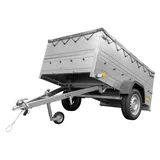 Pkw Anhänger kippbar 750 kg GARDEN TRAILER 201 KIPP mit zusätzlichen Bordwänden, Stützrad und grauer Flachplane