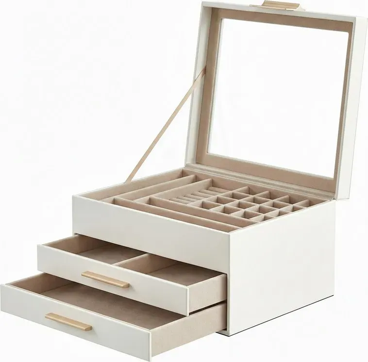 Ochama Schmuckkästchen in Wolkweiß & Gold – Glasdeckel, 3 Ebenen mit 2 Schubladen, moderner Organizer, 20,3 x 23,1 x 13,5 cm – perfektes Geschenk für Stilbewusste