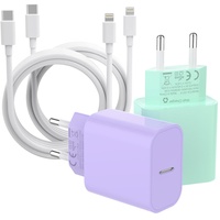 ZNBTCY 4 Pack Schnellladegerät (Hellviolett+Hellgrün) mit 2M iPhone Ladekabel (Weiß) 25W USB C Netzstecker, schnellladekabel, iPhone Netzteil, Ladeadapter für iPhone 14 Pro 13 12 11 SE XS XR X 8P iPad