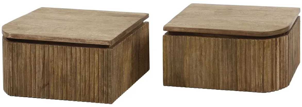 Nachttisch-Set Vagula aus Mangoholz, modern und schwebend, Natur, mit Schublade, Wellen-Design