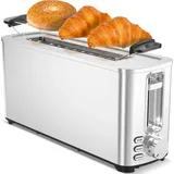 TurboTronic TT-BF14 Edelstahl Toaster mit extra langem Brot-Schlitz, Brötchenaufsatz, Krümelschublade, Auftauen, Aufwärmen, Stop – Langschlitz...