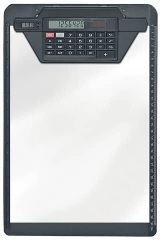 Schreibplatte A4 aus Polystyrol, mit 8-Digit-Solar-Rechner, Papieranschlagkante links