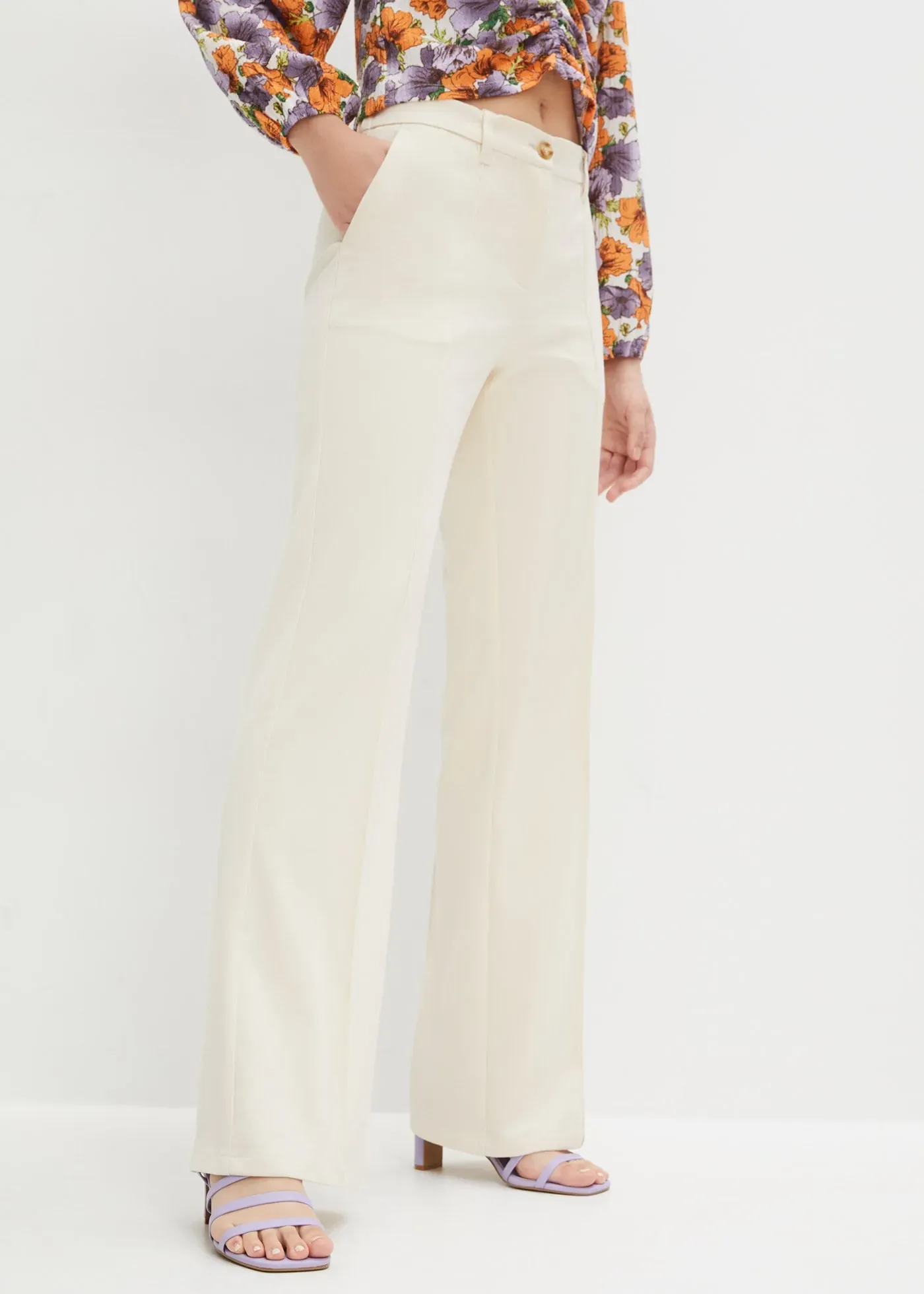 Anzughose BONPRIX, Damen, Gr. 54, N-Gr, kieselbeige, Web, Obermaterial: 66% Polyester, 33% Viskose, 1% Elasthan, regular fit, Hosen Anzughose, mit Elasthan-Anteil, Regular Fit, Flared Schnitt, eleganter Stil