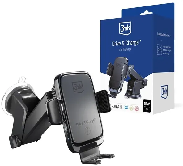 Drive & Charge car phone holder for grille/window/cockpit with inductive charger - black
