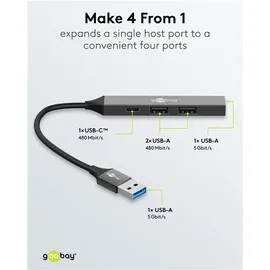 goobay Slim 4-Port USB-Hub, USB-A auf USB-CTM/USB-A, 5 Gbit/s