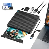NOLYTH Externes Blu Ray Laufwerk: Slim Bluray Brenner Extern USB C für Laptop Mac MacBook mit SD/TF Slot USB Ports Tragbar Bluray Laufwerk Extern CD/DVD/BD Player für PC Windows 11 Schwarz